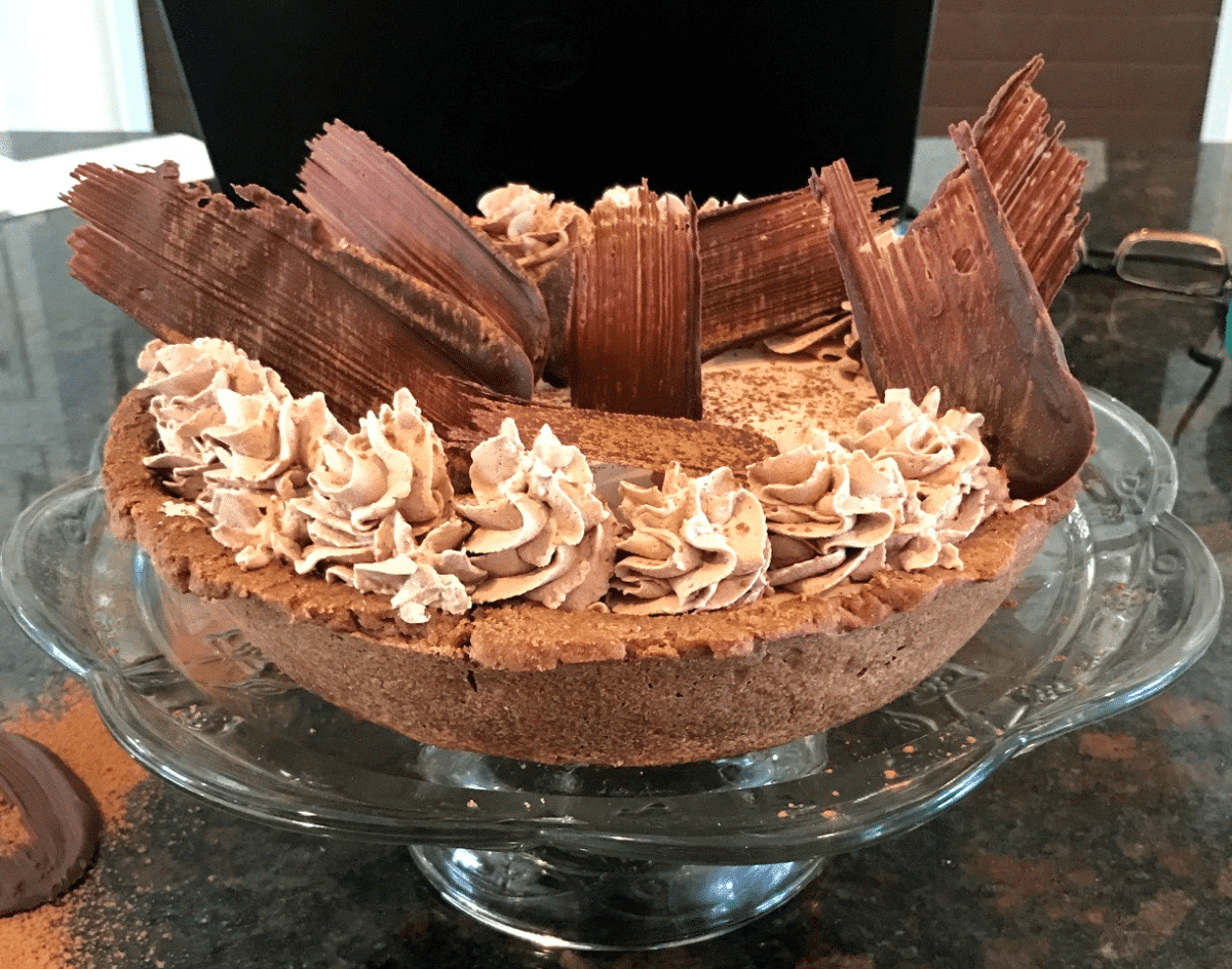A chocolate cake with a unique chocolate fan design on top.