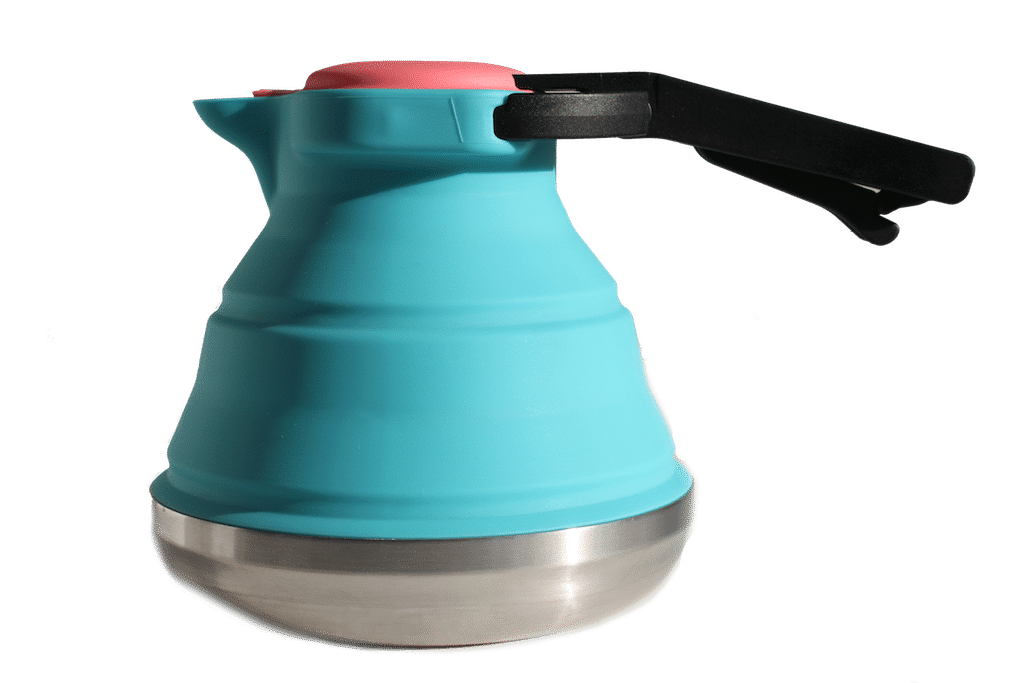 Aqua-colored collapsible Nautical Scout tea kettle with a black handle.