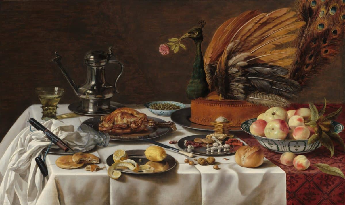 A 1627 still life painting by Pieter Claesz featuring a peacock pie among other delicacies.