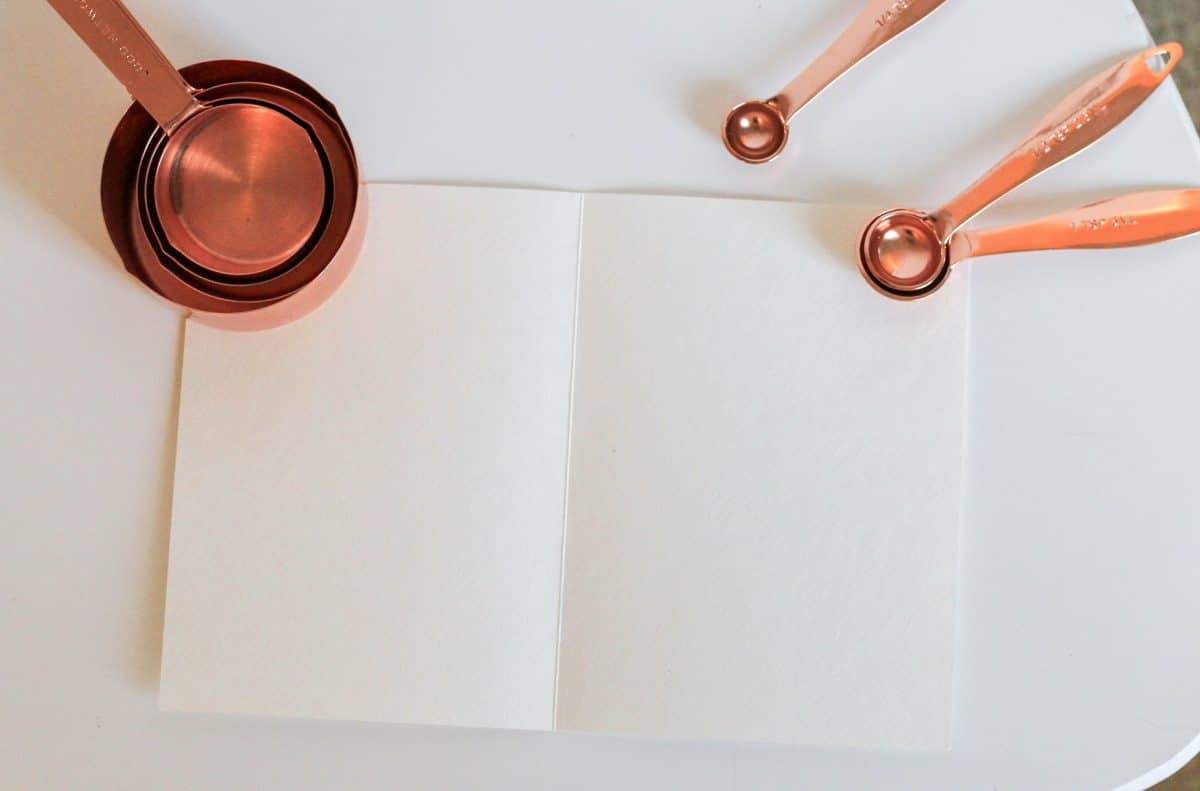 Copper measuring spoons on a white background