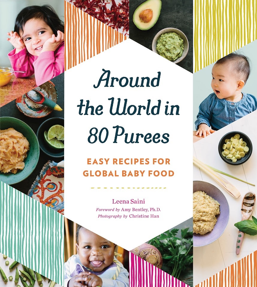 Cover of the book 'Around the World in 80 Purees' with images of baby food and babies.