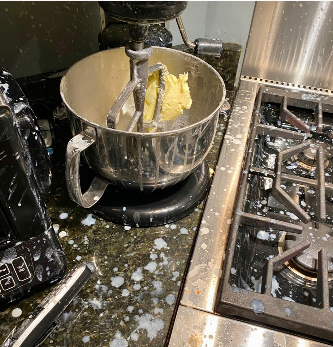 Kitchen counter splattered with ingredients
