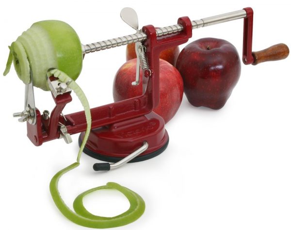The Victorio apple peeler in action, peeling and coring an apple.
