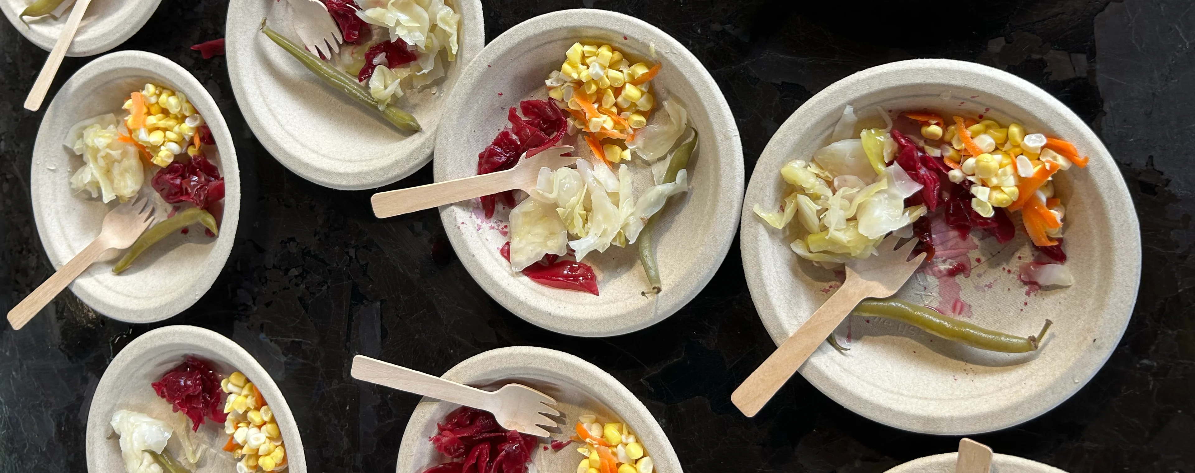 Pickles and ferments on plates ready to be eaten at a workshop