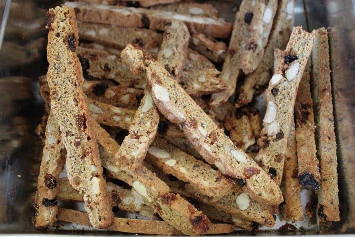 A tray filled with freshly baked bush biscotti.