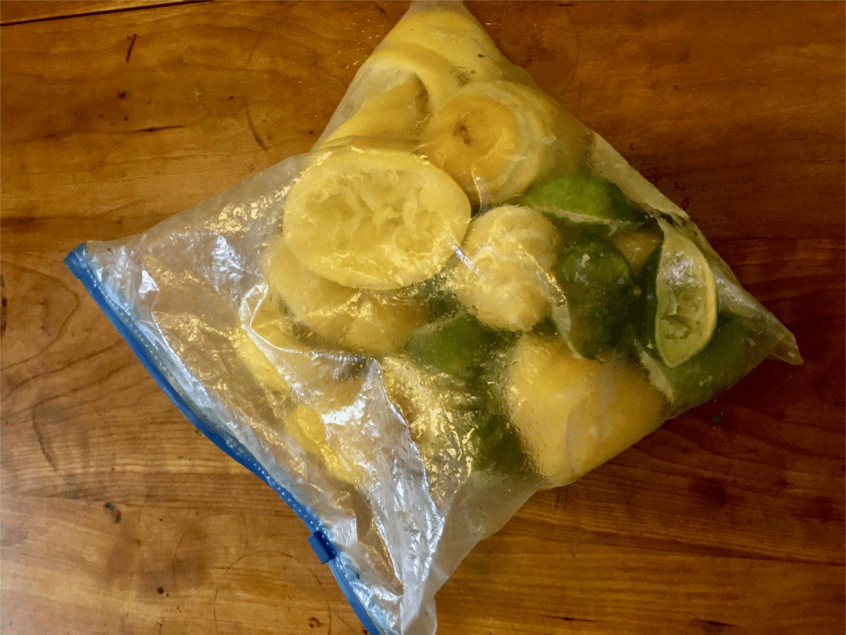 Sliced lemons and limes sealed in a clear plastic bag.