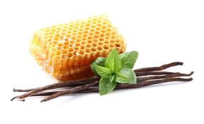 Close-up view of vanilla pods beside a honeycomb.